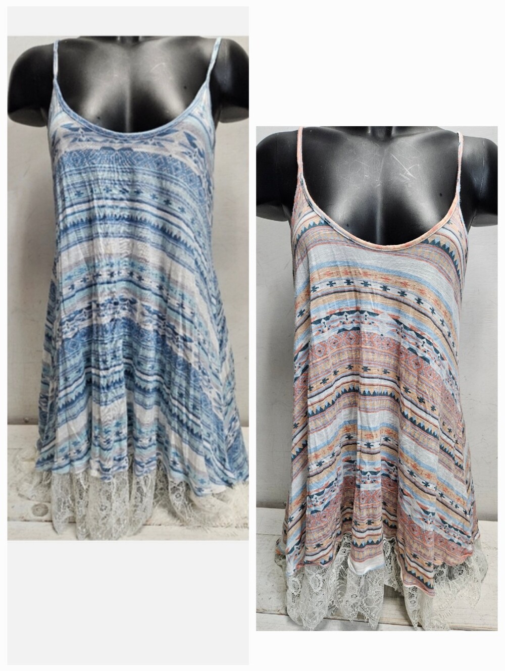 2 Cloud Chaser Aztec Print Boho Tank Top w/ Lace Accent Hem XL Shirts blue pink
